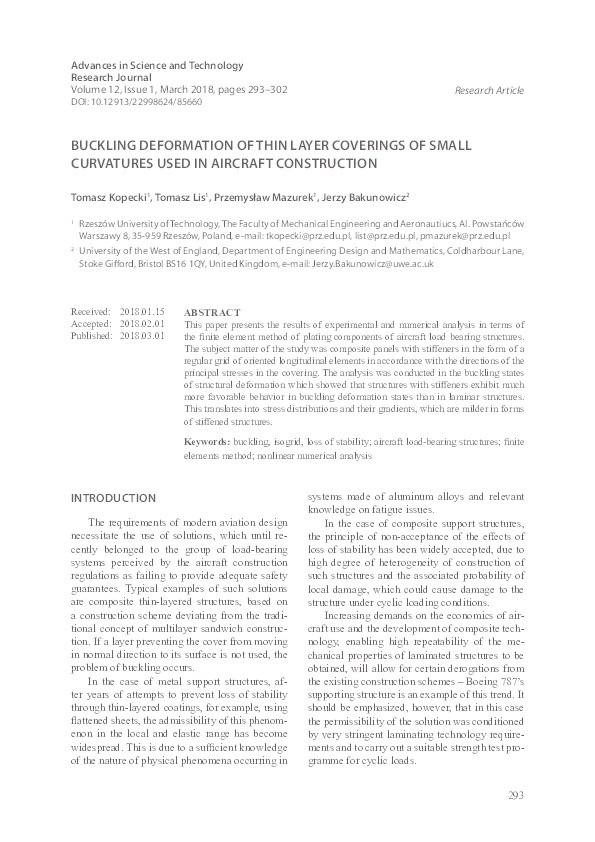 Buckling deformation of thin layer coverings of small curvatures used in aircraft construction Thumbnail