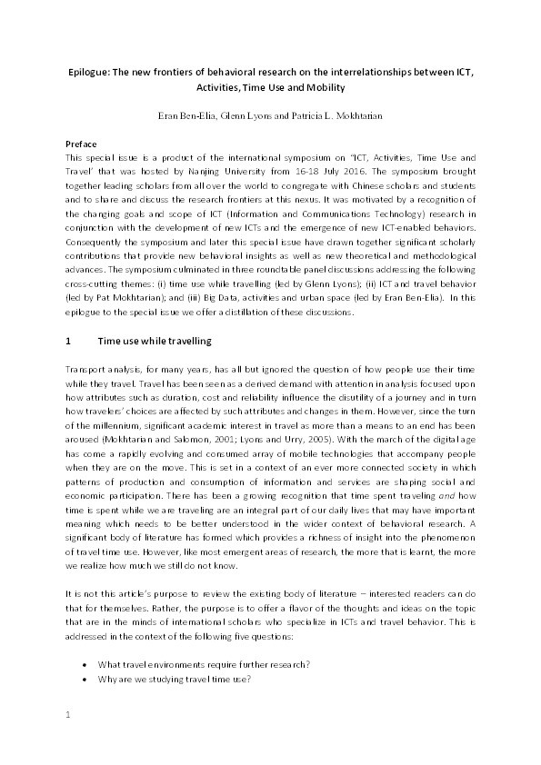 Epilogue: the new frontiers of behavioral research on the interrelationships between ICT, activities, time use and mobility Thumbnail