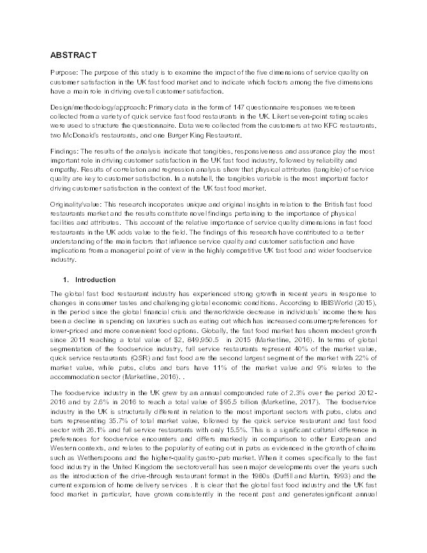 Understanding customer satisfaction in the UK quick service restaurant industry: The influence of the tangible attributes of perceived service quality Thumbnail