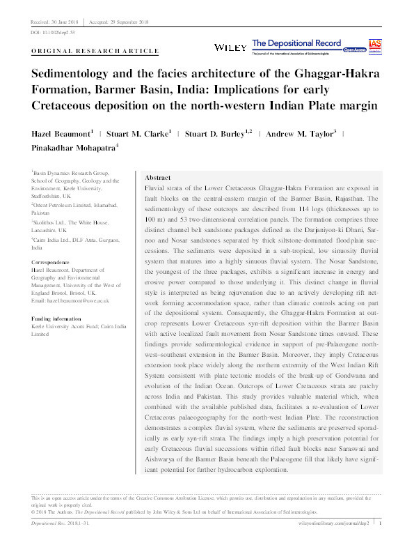 Sedimentology and the facies architecture of the Ghaggar-Hakra Formation, Barmer Basin, India: Implications for early Cretaceous deposition on the north-western Indian Plate margin Thumbnail