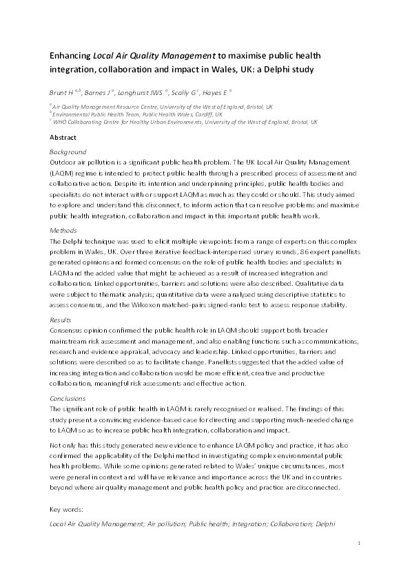 Enhancing Local Air Quality Management to maximise public health integration, collaboration and impact in Wales, UK: A Delphi study Thumbnail