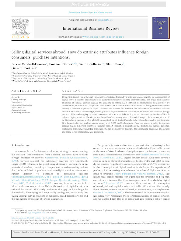 Selling digital services abroad: How do extrinsic attributes influence foreign consumers’ purchase intentions? Thumbnail