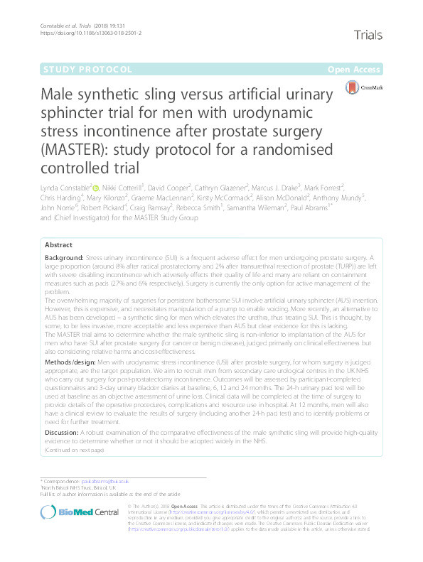 Male synthetic sling versus artificial urinary sphincter trial for men with urodynamic stress incontinence after prostate surgery (MASTER): Study protocol for a randomised controlled trial Thumbnail