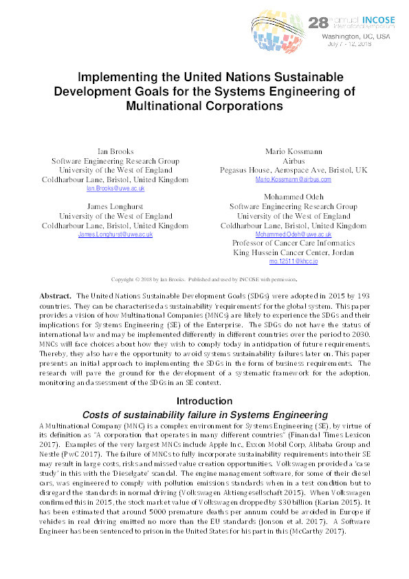 Implementing the United Nations sustainable development goals for the systems engineering of multinational corporations Thumbnail