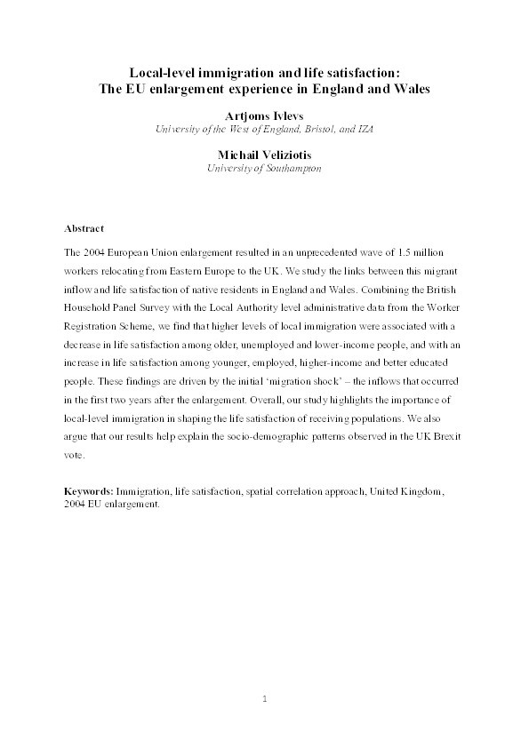 Local-level immigration and life satisfaction: The EU enlargement experience in England and Wales Thumbnail