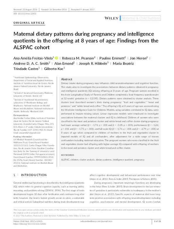 Maternal dietary patterns during pregnancy and intelligence quotients in the offspring at 8years of age: Findings from the ALSPAC cohort Thumbnail