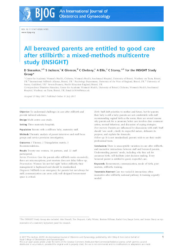 All bereaved parents are entitled to good care after stillbirth: a mixed-methods multicentre study (INSIGHT) Thumbnail