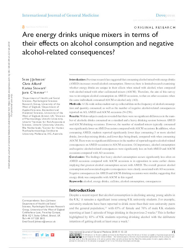 Are energy drinks unique mixers in terms of their effects on alcohol consumption and negative alcohol-related consequences? Thumbnail