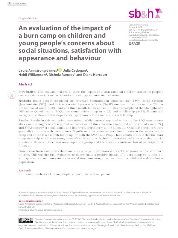 An evaluation of the impact of a burn camp on children and young people’s concerns about social situations, satisfaction with appearance and behaviour Thumbnail