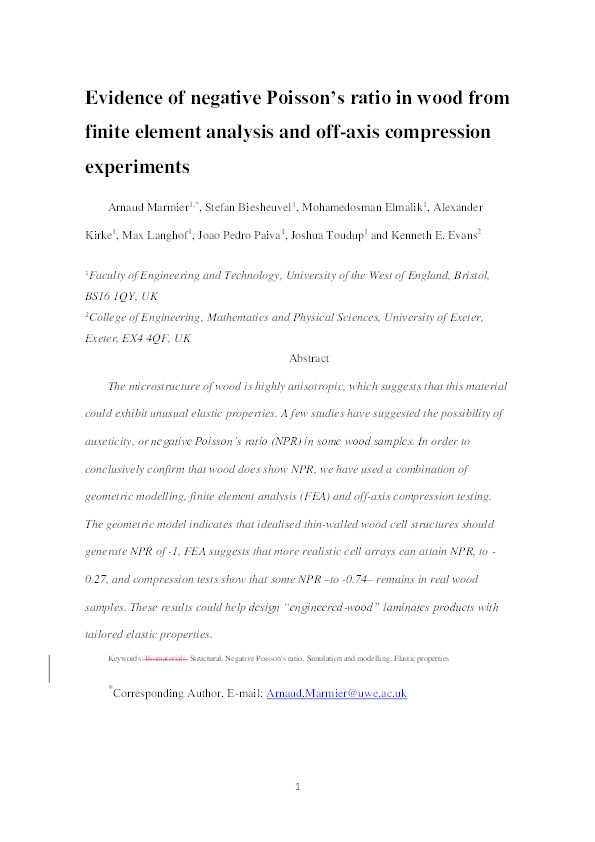 Evidence of negative Poisson's ratio in wood from finite element analysis and off-axis compression experiments Thumbnail