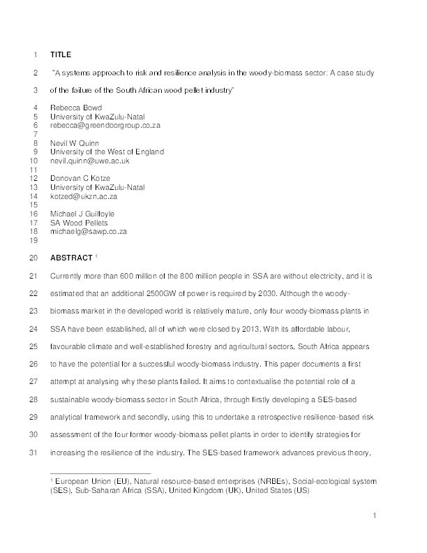 A systems approach to risk and resilience analysis in the woody-biomass sector: A case study of the failure of the South African wood pellet industry Thumbnail