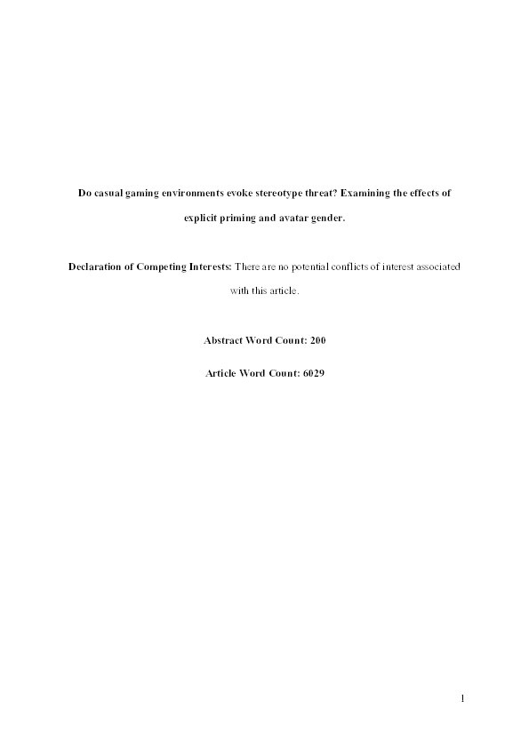 Do casual gaming environments evoke stereotype threat? Examining the effects of explicit priming and avatar gender Thumbnail