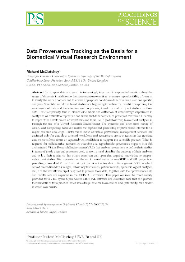 Data provenance tracking as the basis for a biomedical virtual research environment Thumbnail