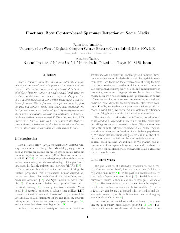 Emotional bots: Content-based spammer detection on social media Thumbnail