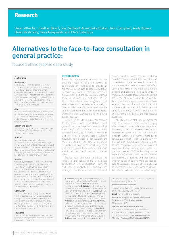 Alternatives to the face-to-face consultation in general practice: Focused ethnographic case study Thumbnail