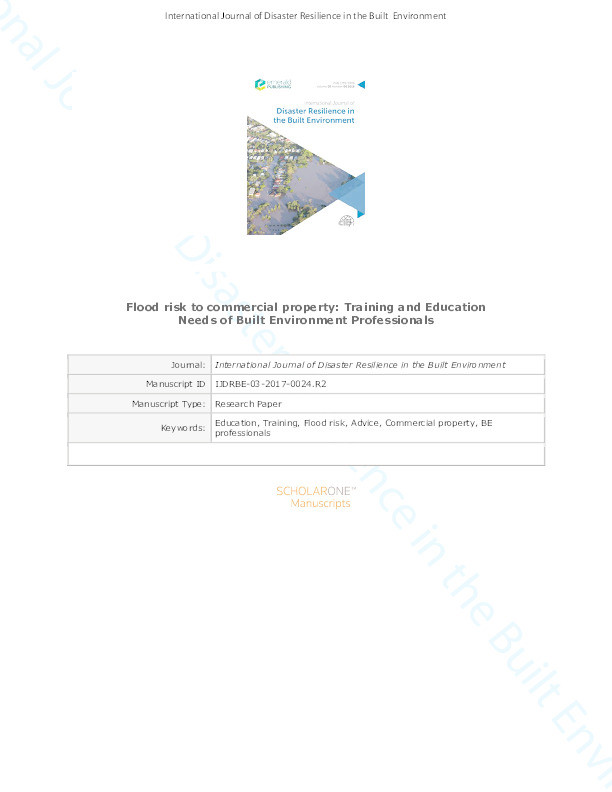 Flood risk to commercial property: Training and education needs of built environment professionals Thumbnail