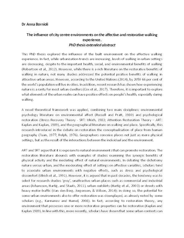 The influence of city centre environments on the affective and restorative walking experience: PhD thesis extended abstract Thumbnail