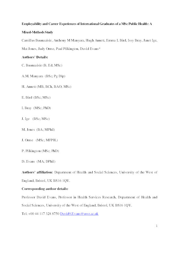 Employability and career experiences of international graduates of MSc Public Health: a mixed methods study Thumbnail