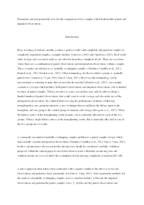 Parametric and non-parametric tests for the comparison of two samples which both include paired and unpaired observations Thumbnail