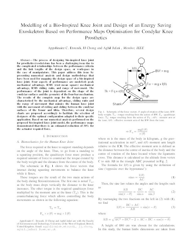 Modelling of a Bio-Inspired Knee Joint and Design of an Energy Saving Exoskeleton Based on Performance Maps Optimisation for Condylar Knee Prosthetics Thumbnail