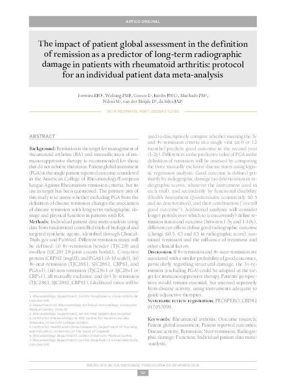 The impact of patient global assessment in the definition of remission as a predictor of long-term radiographic damage in patients with rheumatoid arthritis: protocol for an individual patient data meta-analysis Thumbnail