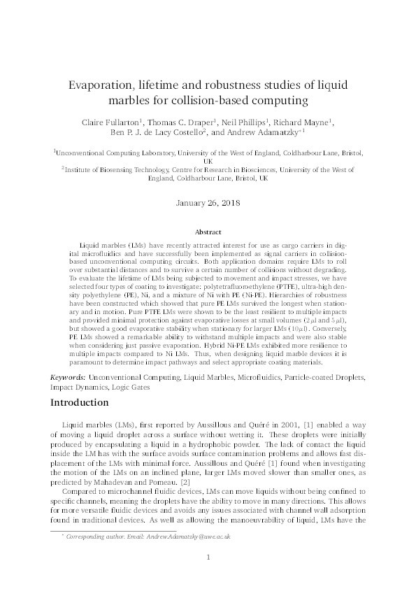 Evaporation, lifetime, and robustness studies of liquid marbles for collision-based computing Thumbnail