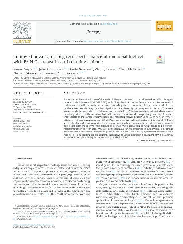 Improved power and long term performance of microbial fuel cell with Fe-N-C catalyst in air-breathing cathode Thumbnail