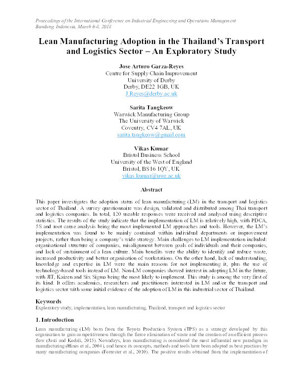 Lean manufacturing adoption in the transport and logistics sector of Thailand – An exploratory study Thumbnail