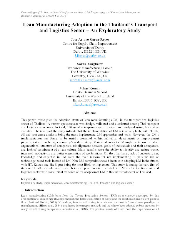 Lean manufacturing adoption in the transport and logistics sector of Thailand – An exploratory study Thumbnail