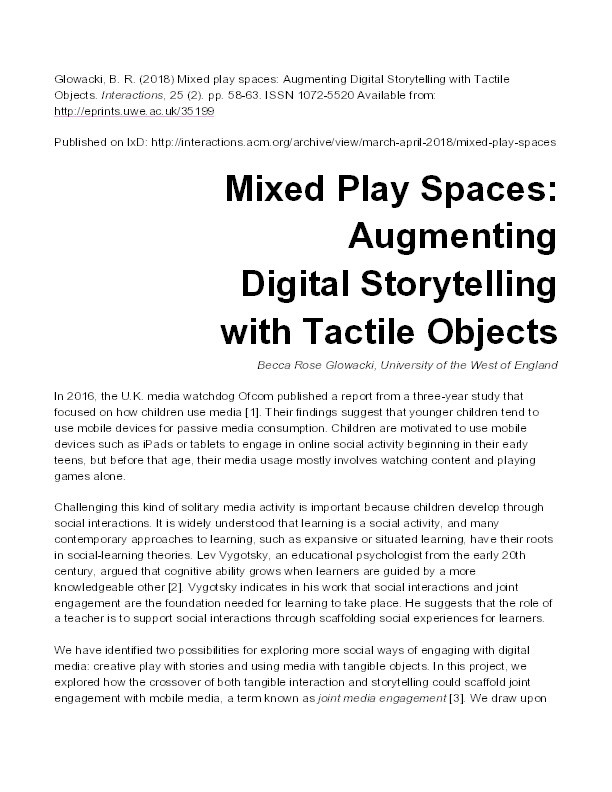 Mixed play spaces: Augmenting digital storytelling with tactile objects Thumbnail