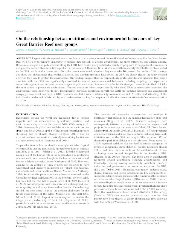 On the relationship between attitudes and environmental behaviors of key Great Barrier Reef user groups Thumbnail