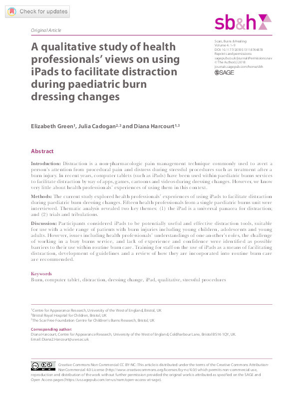 A qualitative study of health professionals’ views on using iPads to facilitate distraction during paediatric burn dressing changes Thumbnail