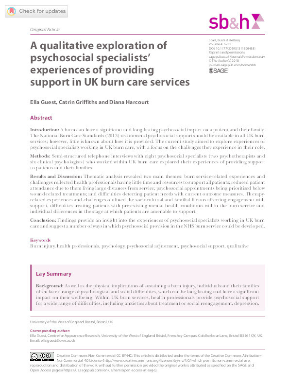 A qualitative exploration of psychosocial specialists’ experiences of providing support in U.K. burn care services Thumbnail