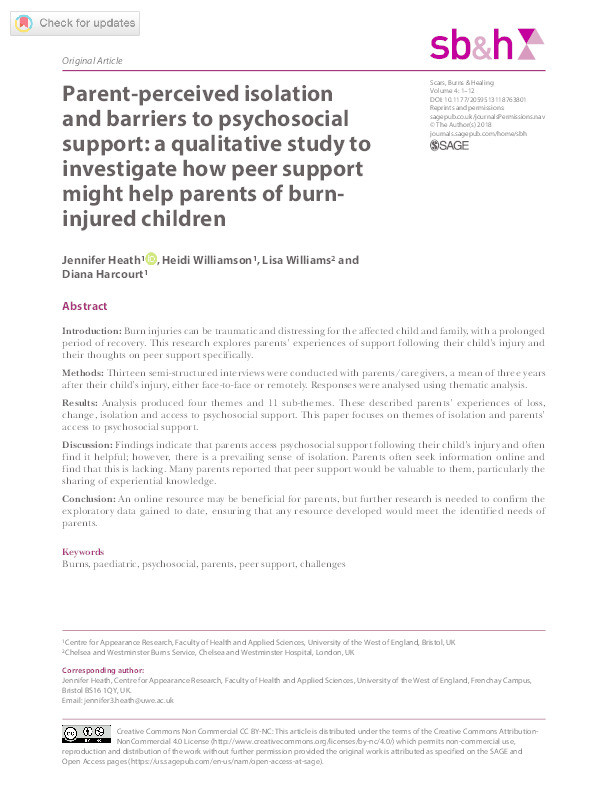 Parent-perceived isolation and barriers to psychosocial support: A qualitative study to investigate how peer support might help parents of burn-injured children Thumbnail