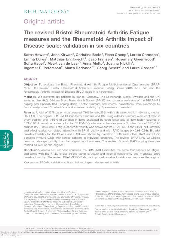 The revised Bristol Rheumatoid Arthritis Fatigue measures and the Rheumatoid Arthritis Impact of Disease scale: Validation in six countries Thumbnail