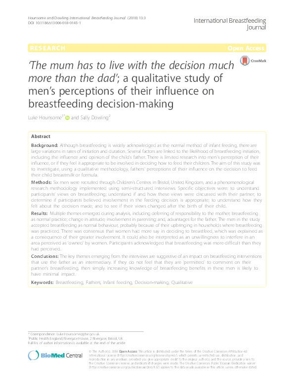 'The mum has to live with the decision much more than the dad'; a qualitative study of men's perceptions of their influence on breastfeeding decision-making Thumbnail