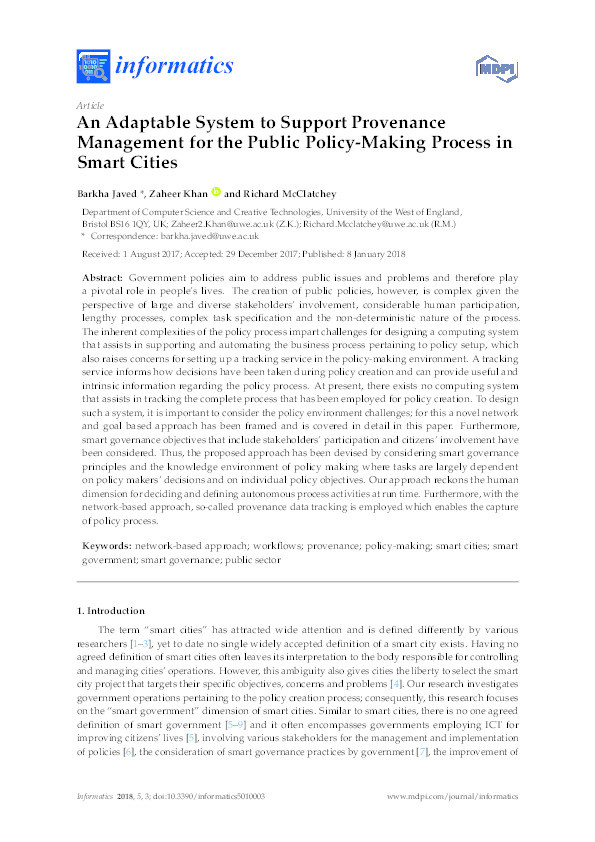 An adaptable system to support provenance management for the public policy-making process in smart cities Thumbnail