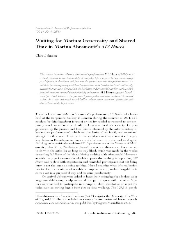 Waiting for Marina: Generosity and shared time in Marina Abramovic's 512 Hours Thumbnail