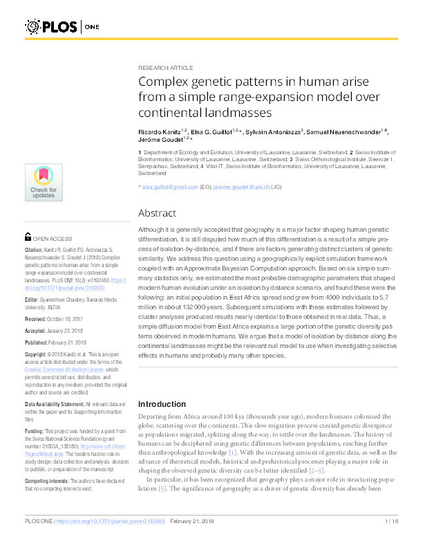 Complex genetic patterns in human arise from a simple range-expansion model over continental landmasses Thumbnail
