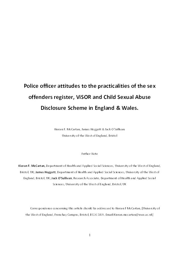 Police officer attitudes to the practicalities of the sex offenders’ register, ViSOR and Child Sexual Abuse Disclosure Scheme in England and Wales Thumbnail