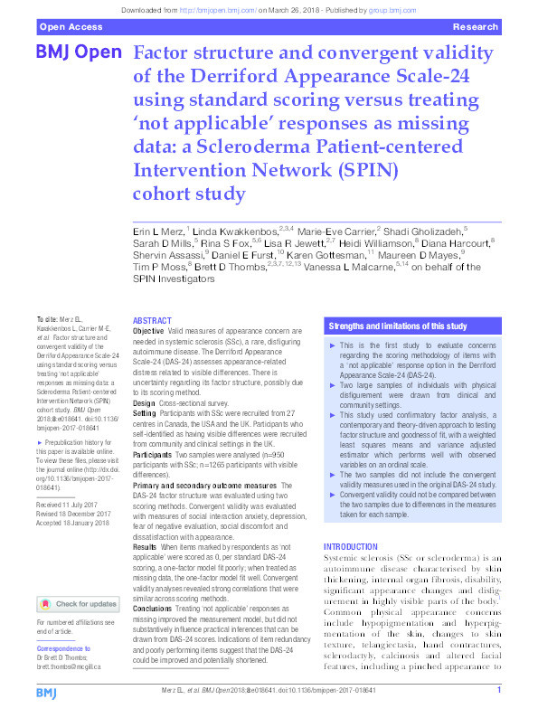 Factor structure and convergent validity of the Derriford Appearance Scale-24 using standard scoring versus treating not applicable' responses as missing data: A Scleroderma Patient-centered Intervention Network (SPIN) cohort study Thumbnail