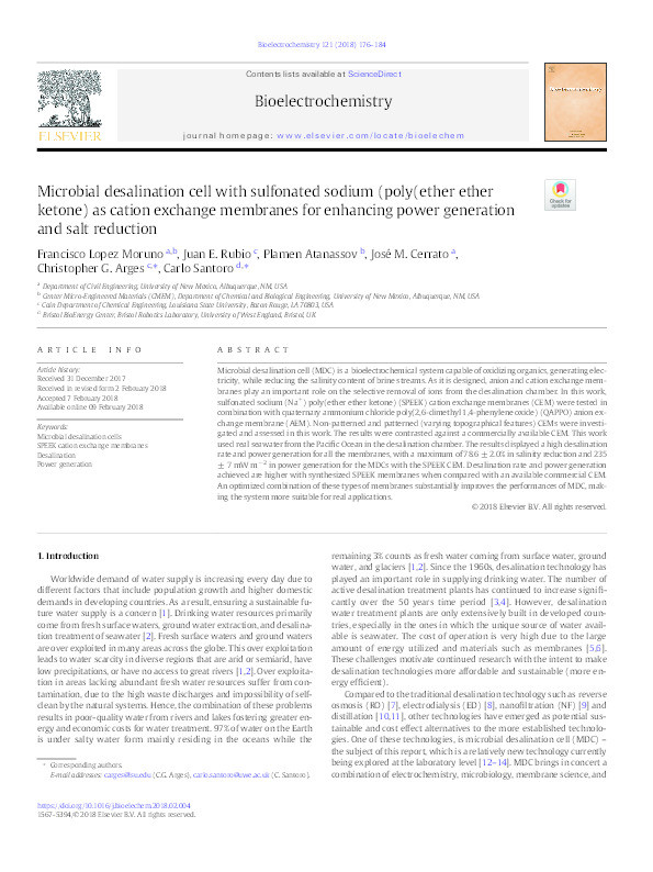 Microbial desalination cell with sulfonated sodium (poly(ether ether ketone) as cation exchange membranes for enhancing power generation and salt reduction Thumbnail