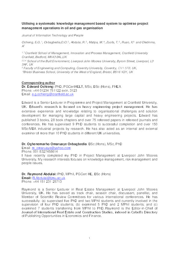 Utilising a systematic knowledge management based system to optimise project management operations in oil and gas organisations Thumbnail