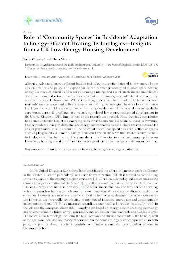 Role of 'community spaces' in residents' adaptation to energy-efficient heating technologies-insights from a UK low-energy housing development Thumbnail