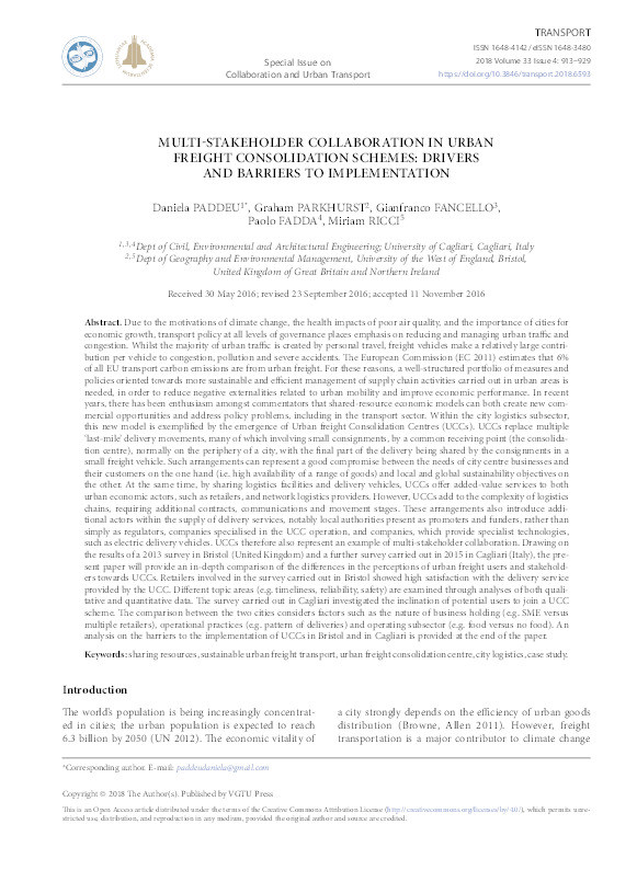 Multi-stakeholder collaboration in urban freight consolidation schemes: Drivers and barriers to implementation Thumbnail