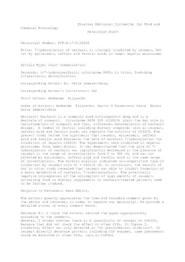 7-Hydroxylation of warfarin is strongly inhibited by sesamin, but not by episesamin, caffeic and ferulic acids in human hepatic microsomes Thumbnail