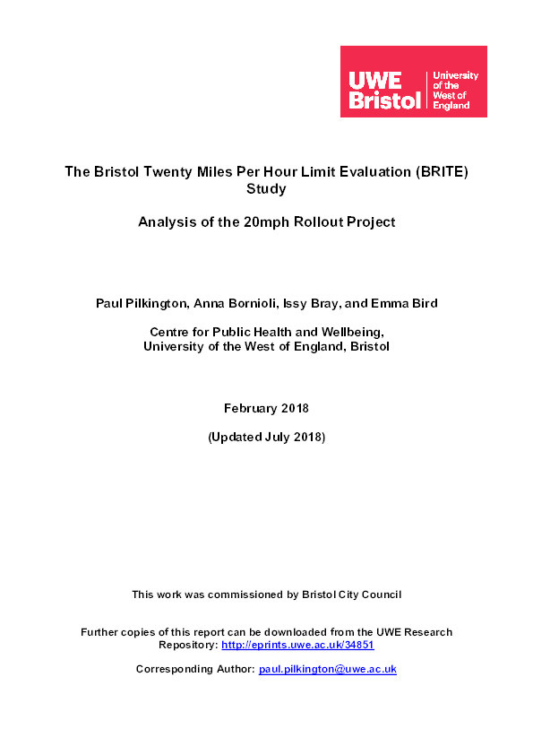 The Bristol Twenty Miles Per Hour Limit Evaluation (BRITE) Study Thumbnail