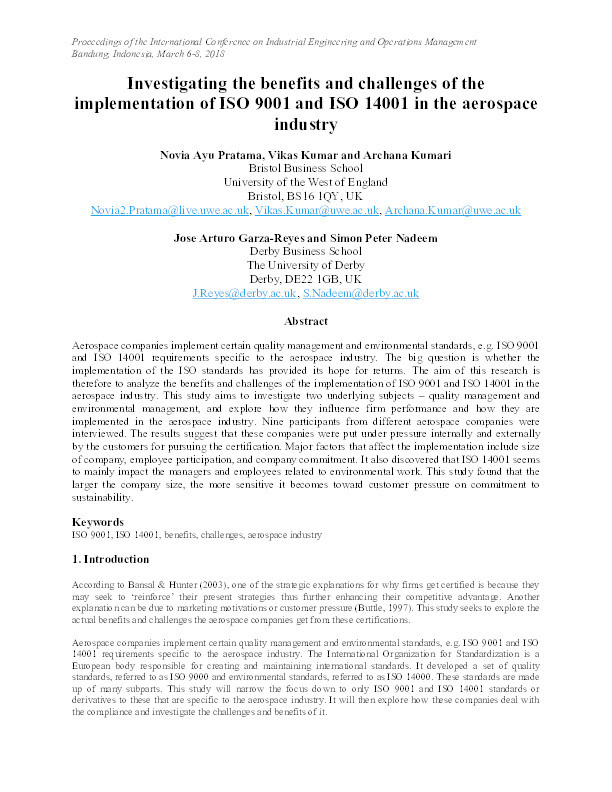 Investigating the benefits and challenges of the implementation of ISO 9001 and ISO 14001 in the aerospace industry Thumbnail