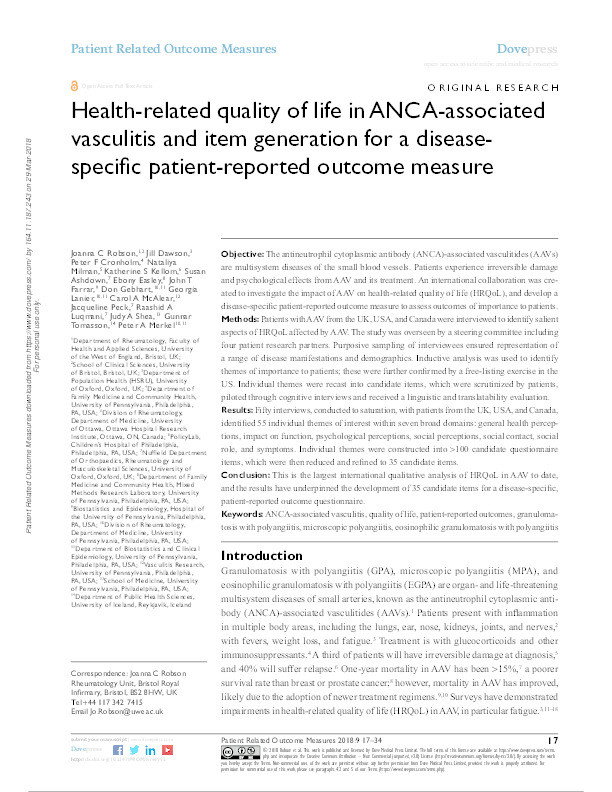 Health related quality of life in ANCA associated vasculitis and item generation for a disease specific patient reported outcome measure Thumbnail