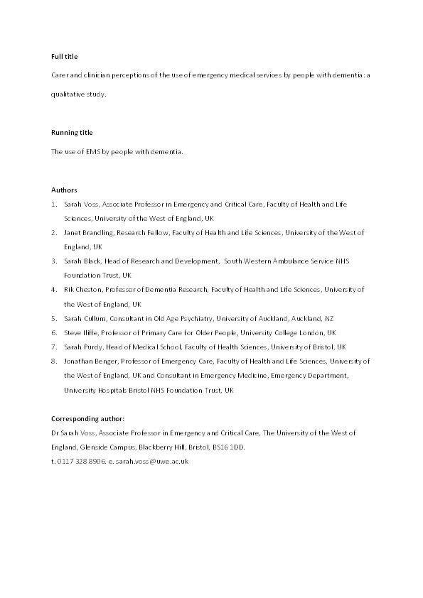 Carer and clinician perceptions of the use of emergency medical services by people with dementia: A qualitative study Thumbnail